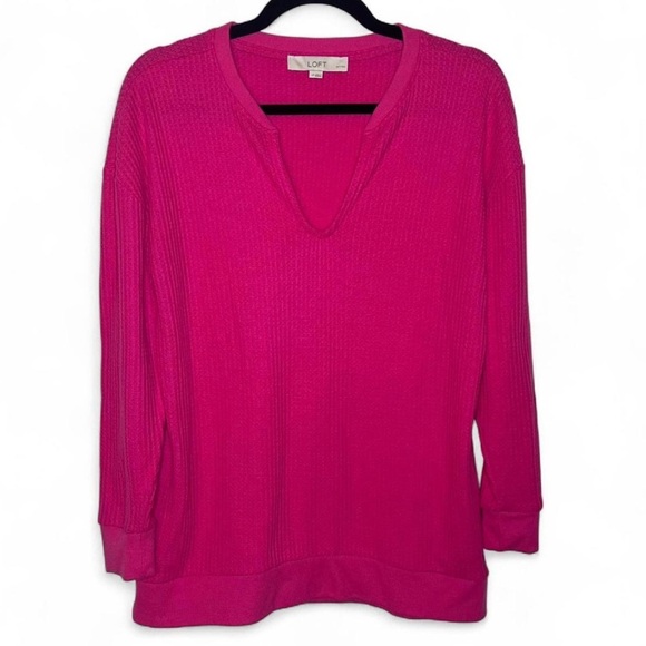 Loft Waffle Knit V-Neck Shirt Large Petite Pink Long Sleeve Pullover - Picture 1 of 4